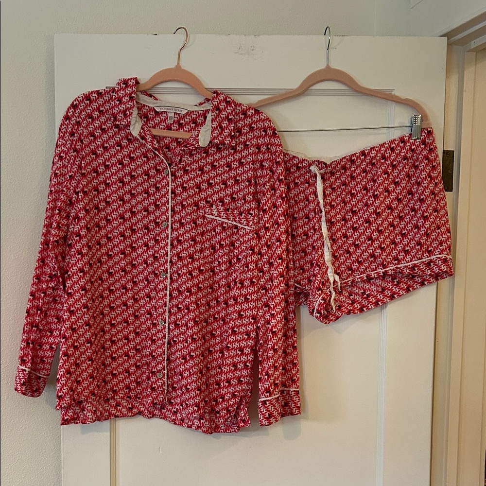 Victoria's Secret Red and White reindeer Patterned Pajama Set